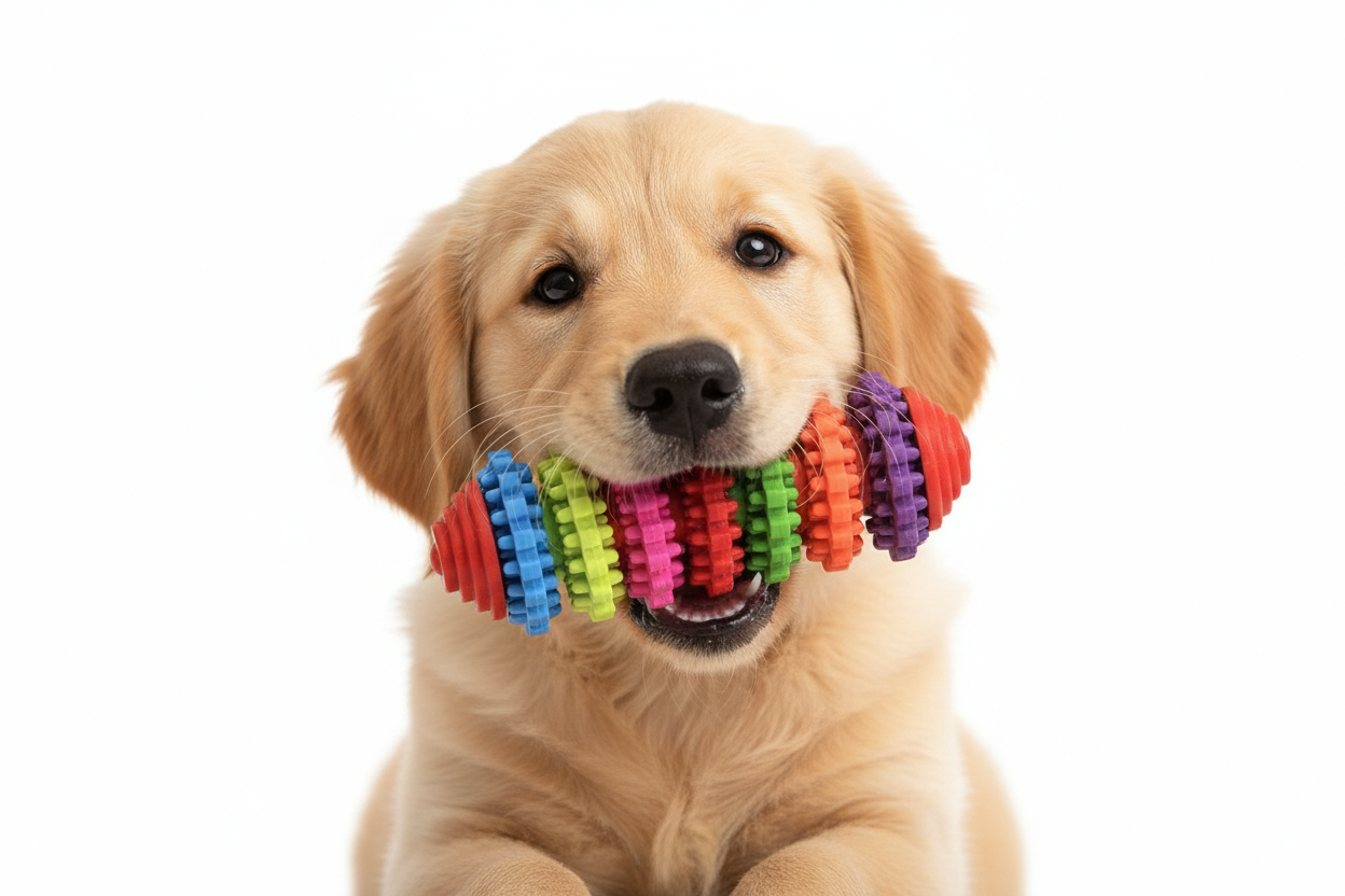 Puppy Chewing on Multicolour Rubber Dental Chew Toy