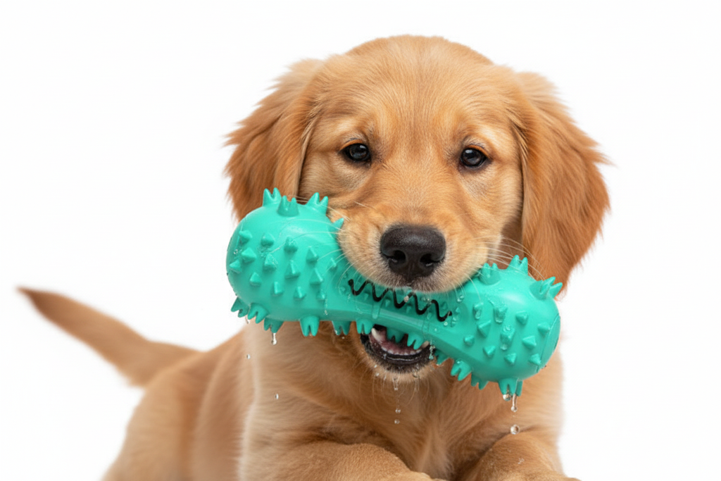 Puppy chewing spiky bone toy