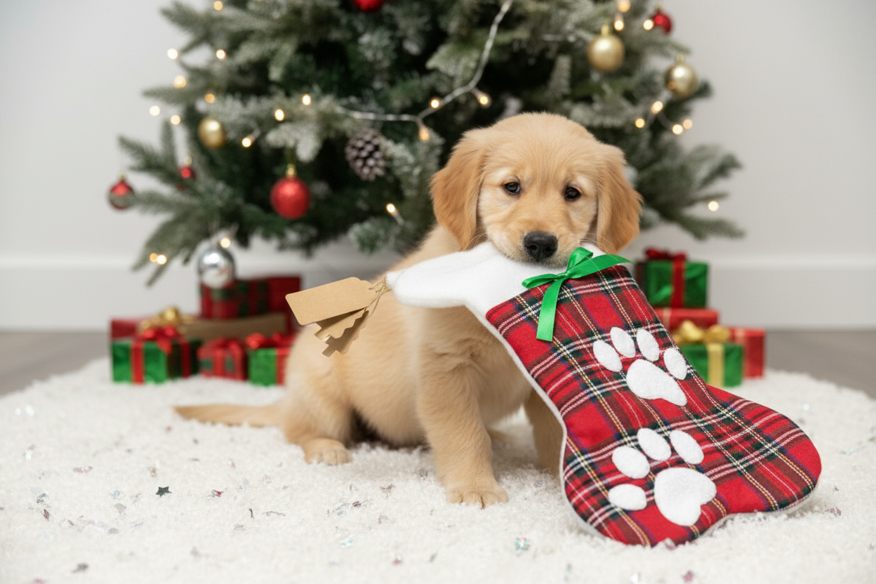 Puppy dragging pet Christmas stocking