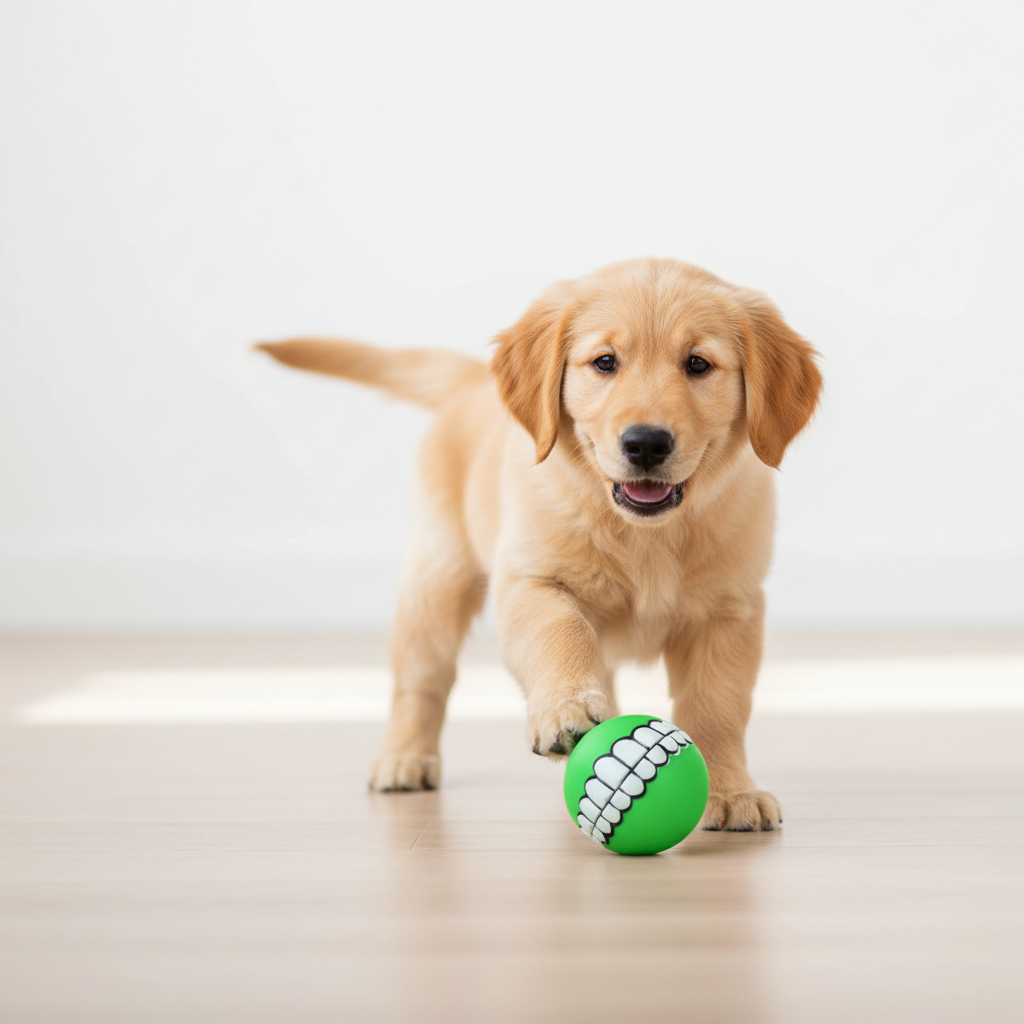Puppy playing with green teeth ball