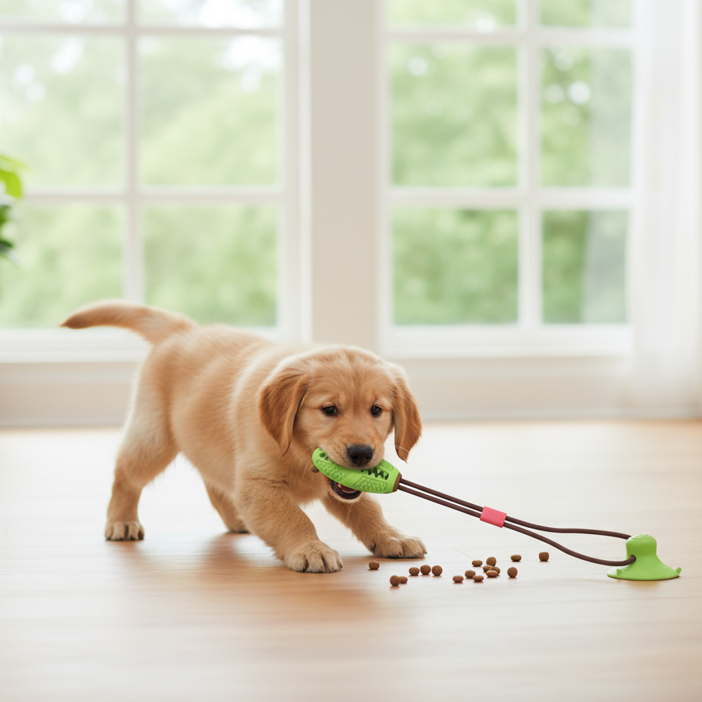 Puppy Playing with Suction Cup Rope Chew Toy