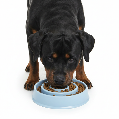 Rottweiler eating from slow feeder bowl