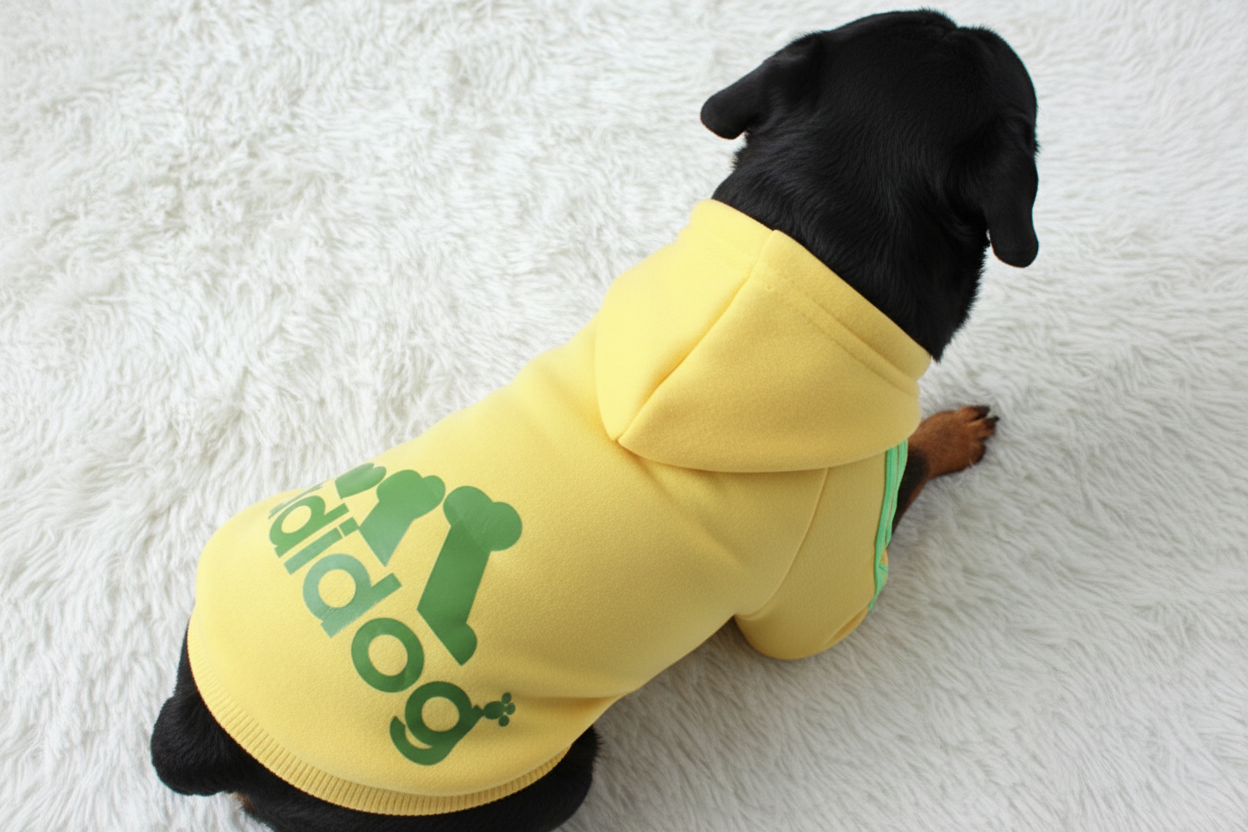 Rottweiler in yellow Adidog hoodie