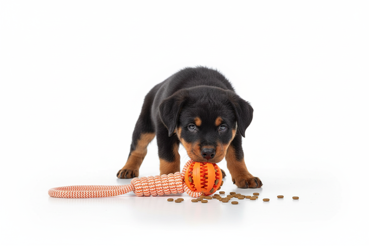 Rottweiler Puppy Sniffing Rope Tug Toy with Food Pebbles