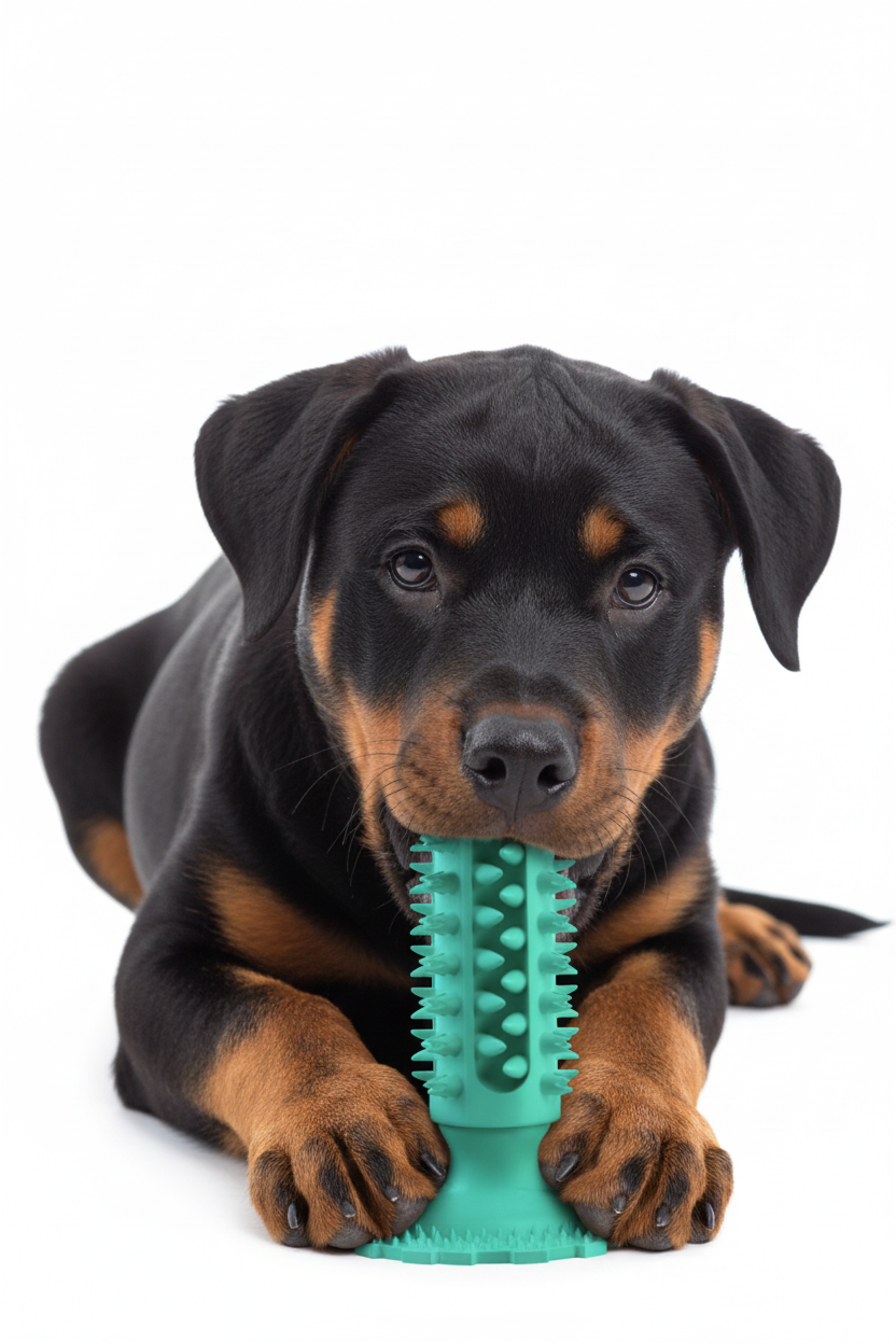 Rottweiler puppy with dental toy