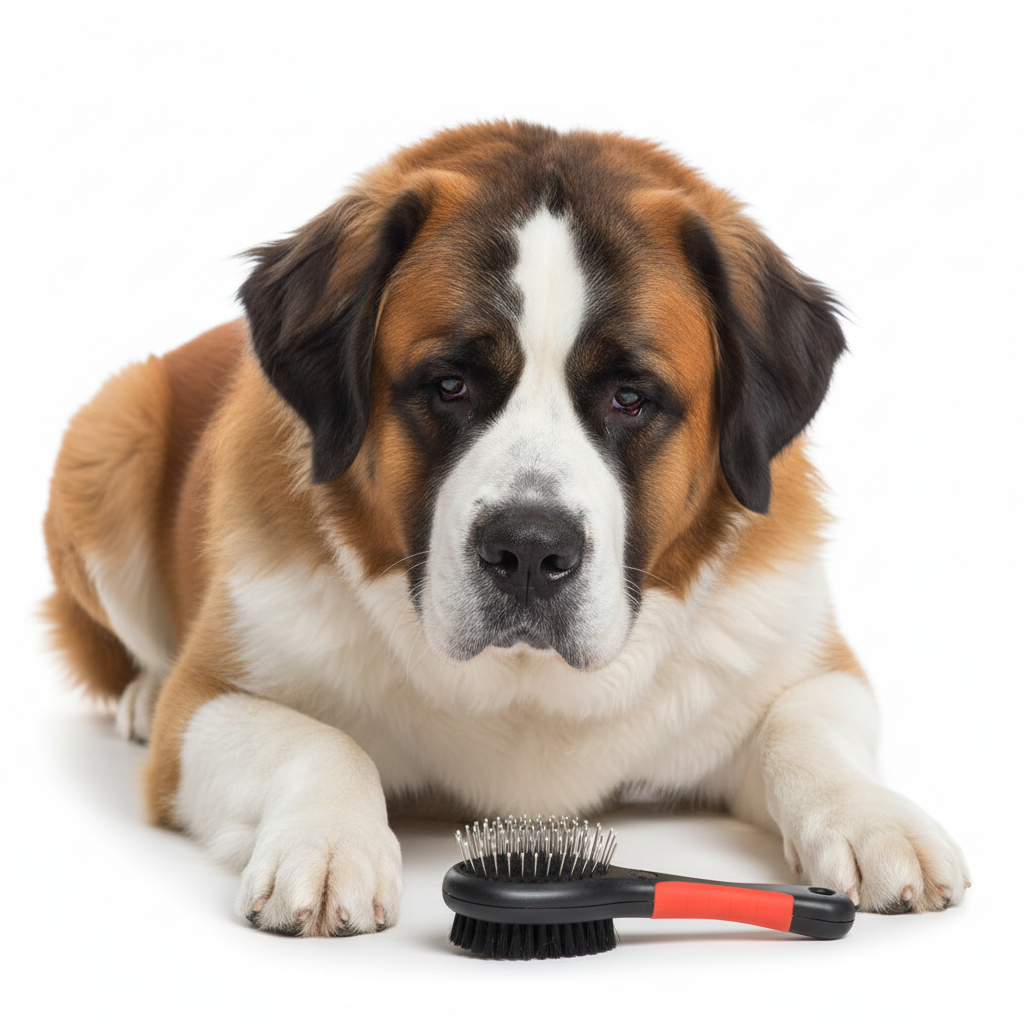 Saint Bernard Looking at Grooming Brush