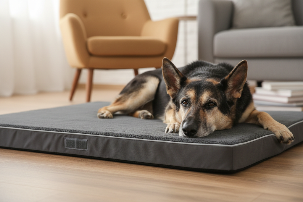 Senior German Shepherd on Grey Pet Mattress