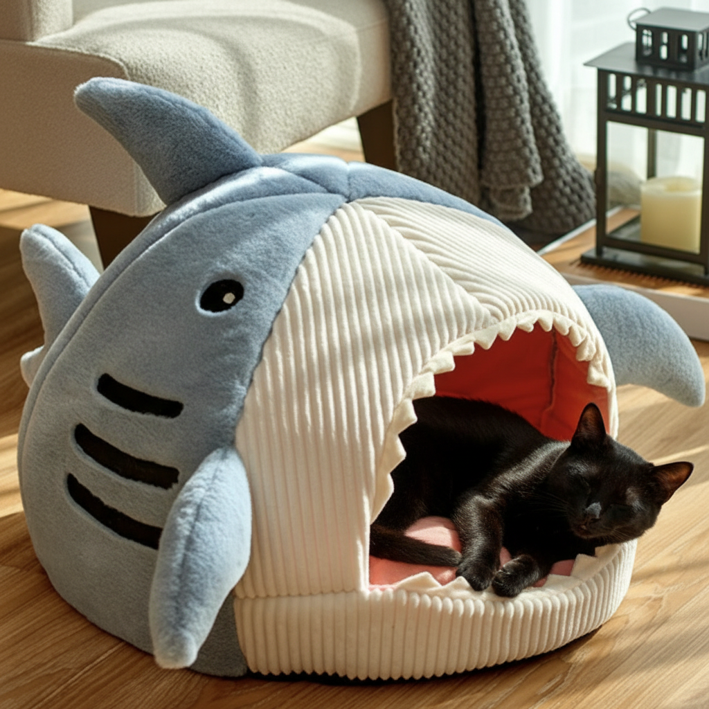 Shark Bed with Black Cat