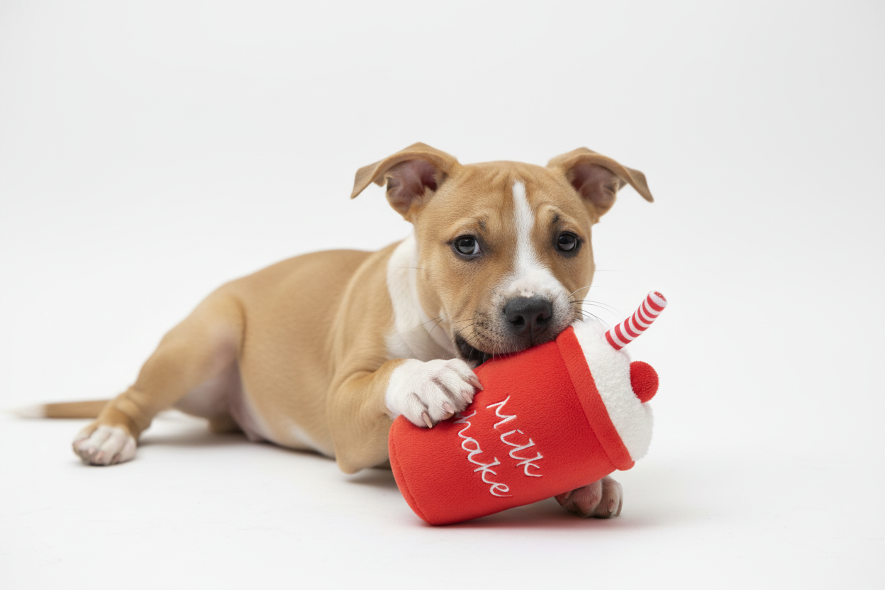 Staffie Puppy Playing with Milkshake Plush Toy