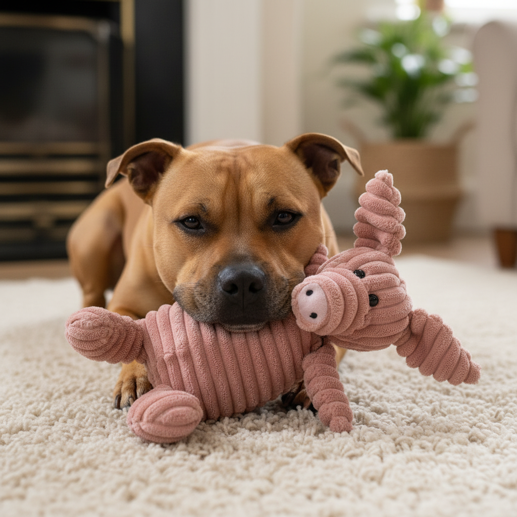 Staffie with Pink Pig Plush Toy