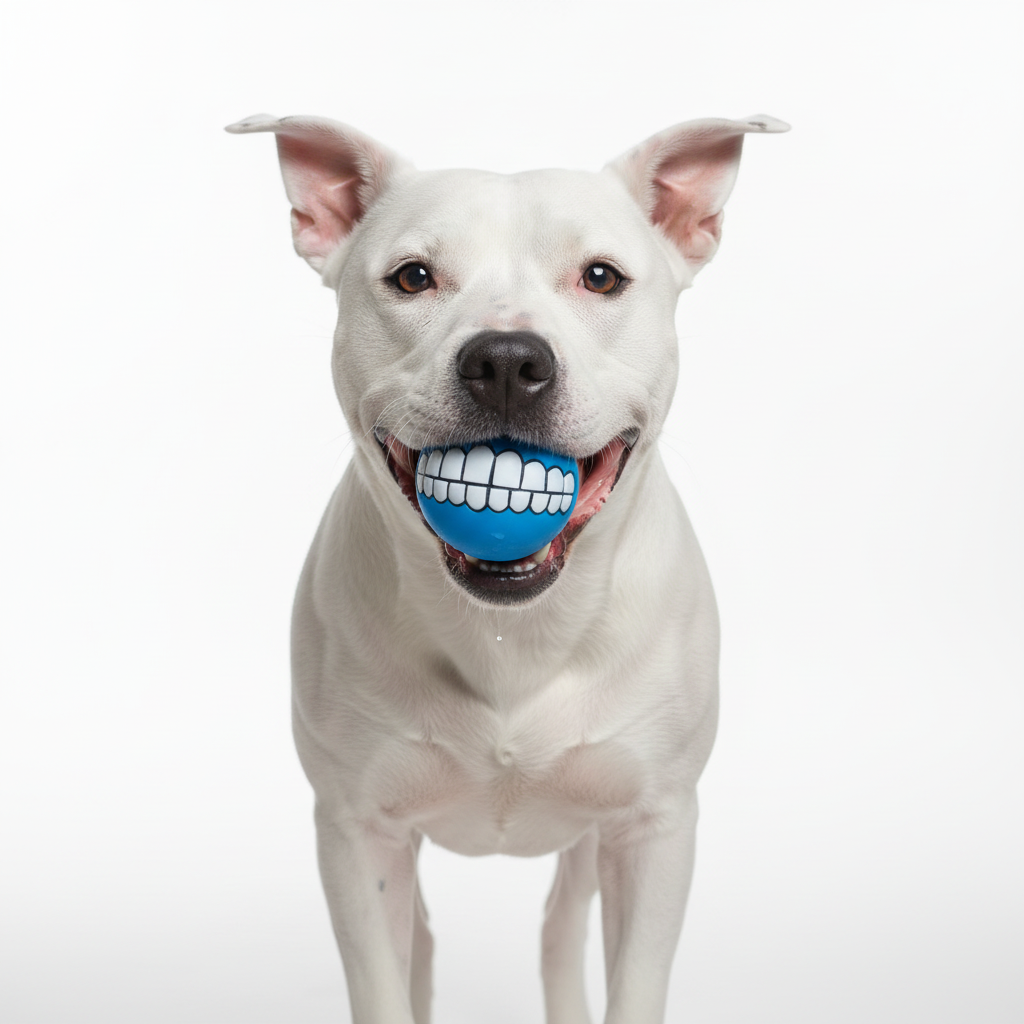 Staffy with teeth ball