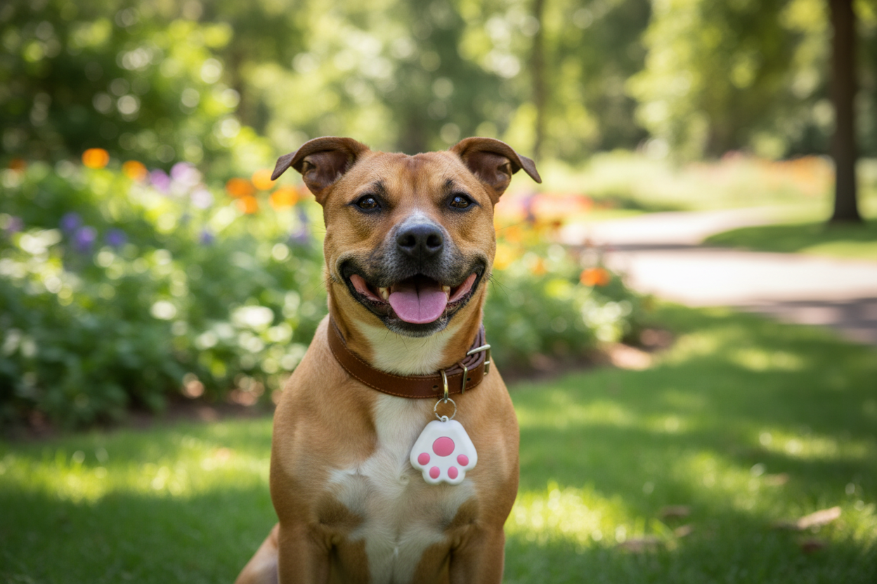 Staffy with tracker outdoors