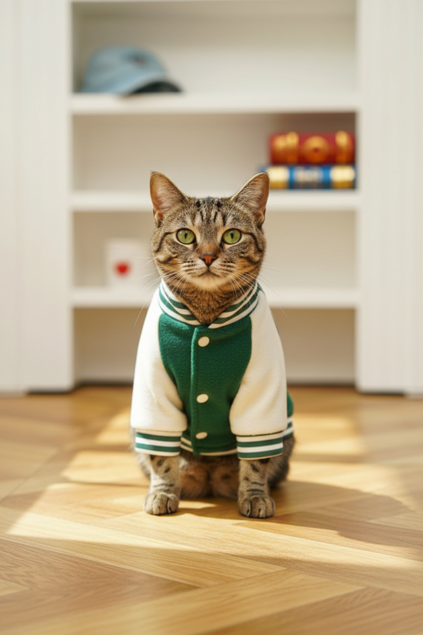 Tabby cat in green varsity jacket