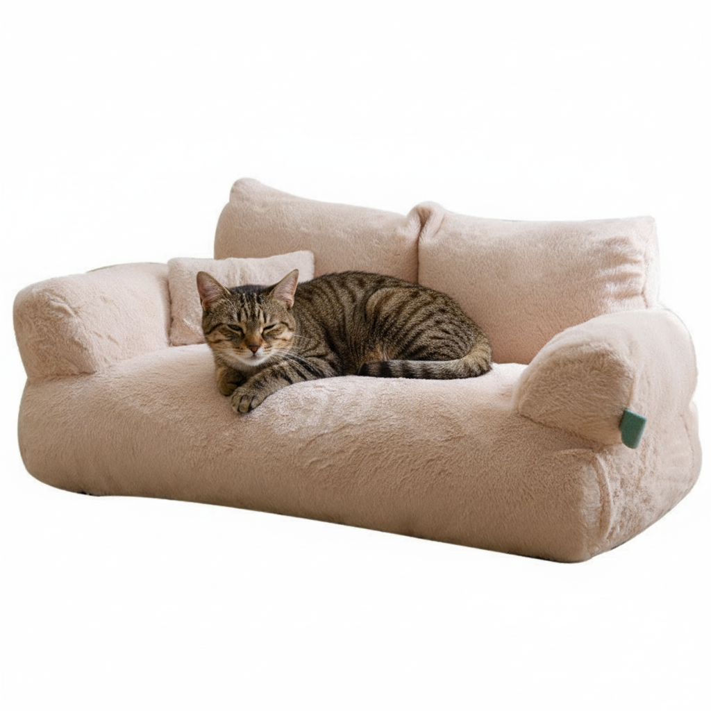 Tabby cat on plush sofa