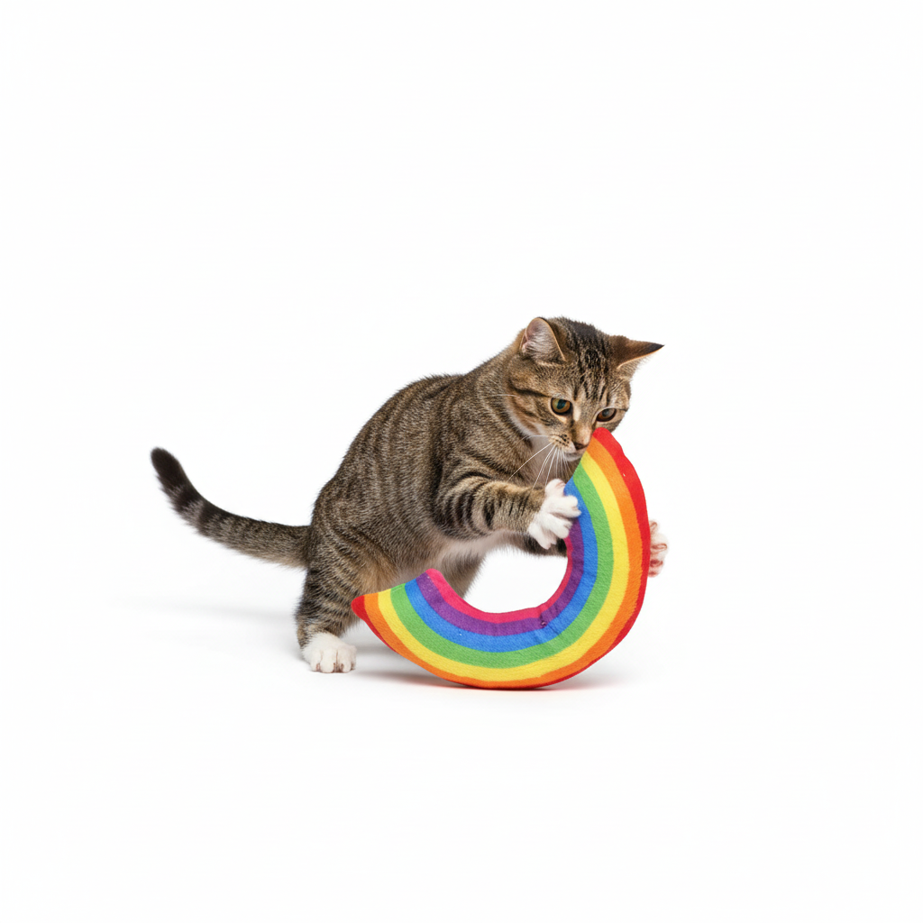 Tabby Cat Playing with Rainbow Plush Toy