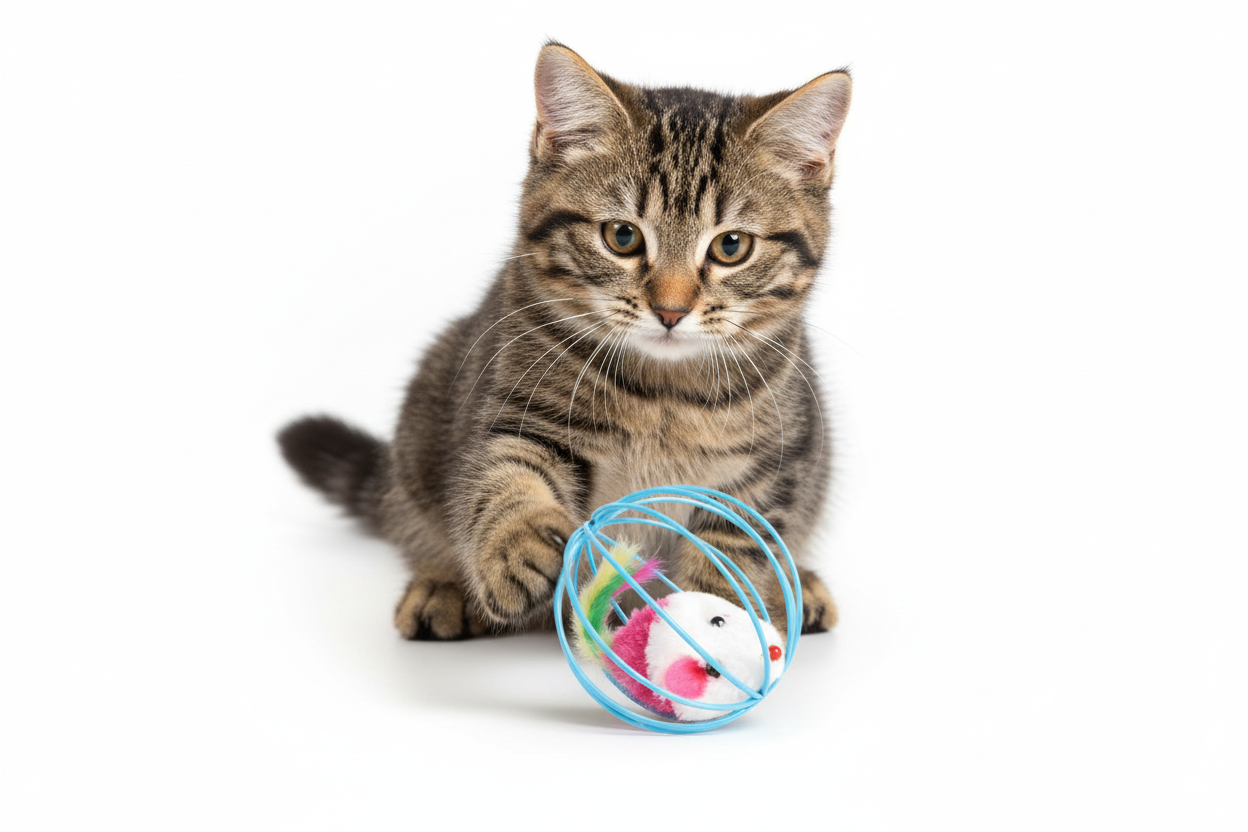 Tabby Cat Pushing Blue Cage Ball Mouse Toy