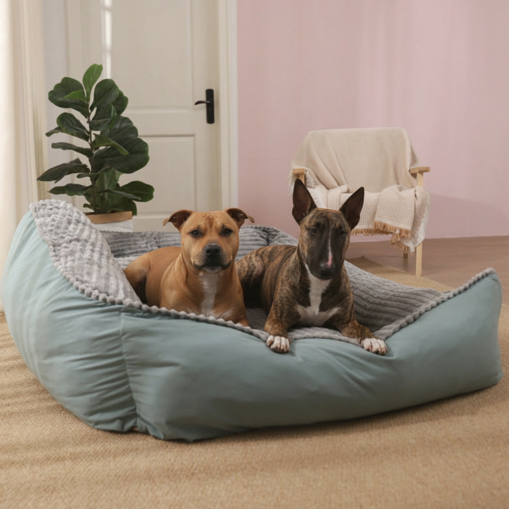 Tan Staffie and Brindle Bull Terrier on pet bed