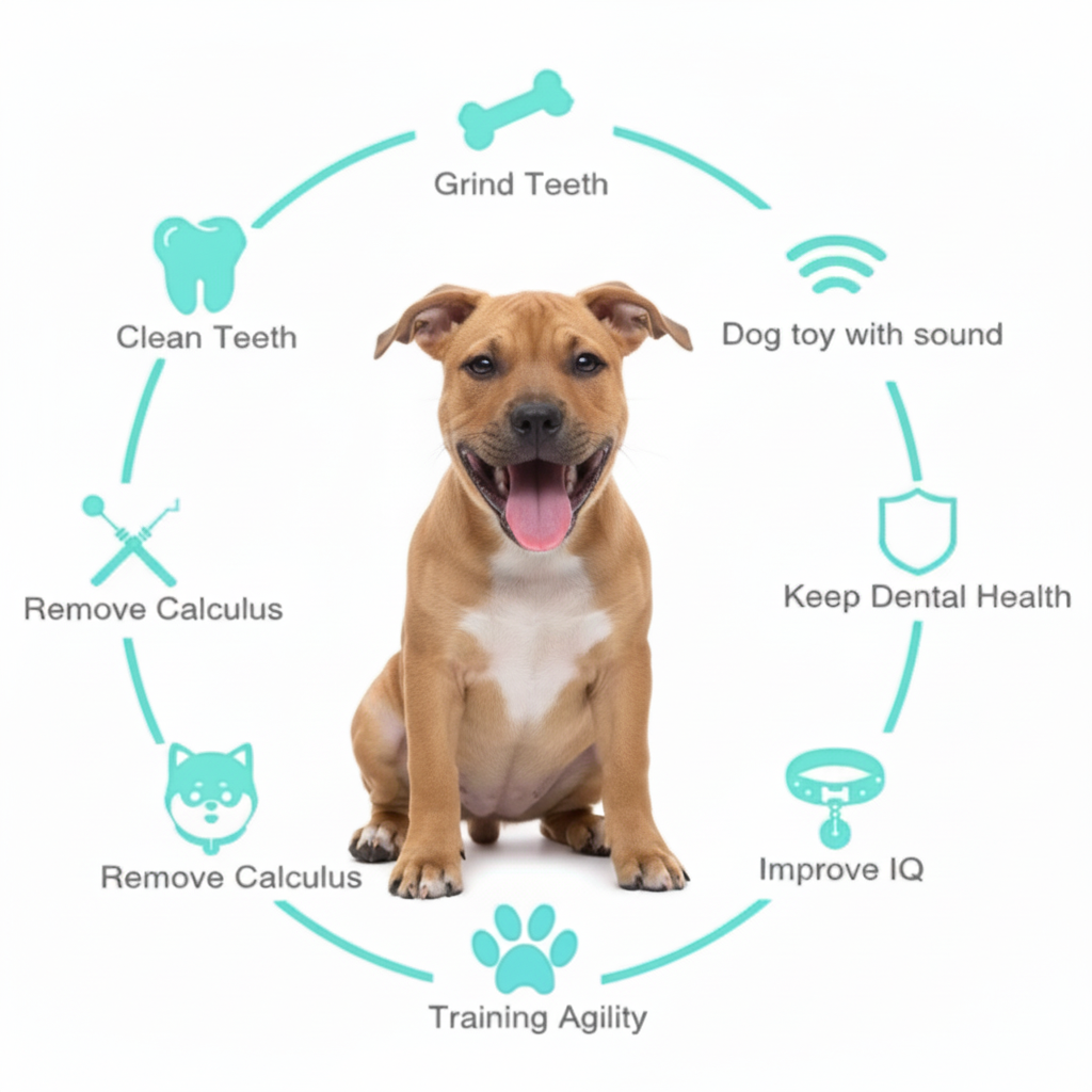 Tan Staffie smiling with dental infographic