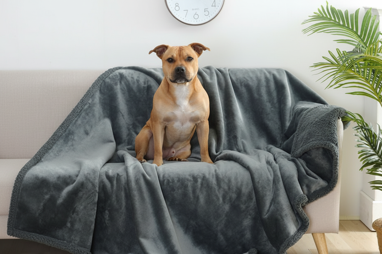 Tan Staffy on Grey Sherpa Blanket