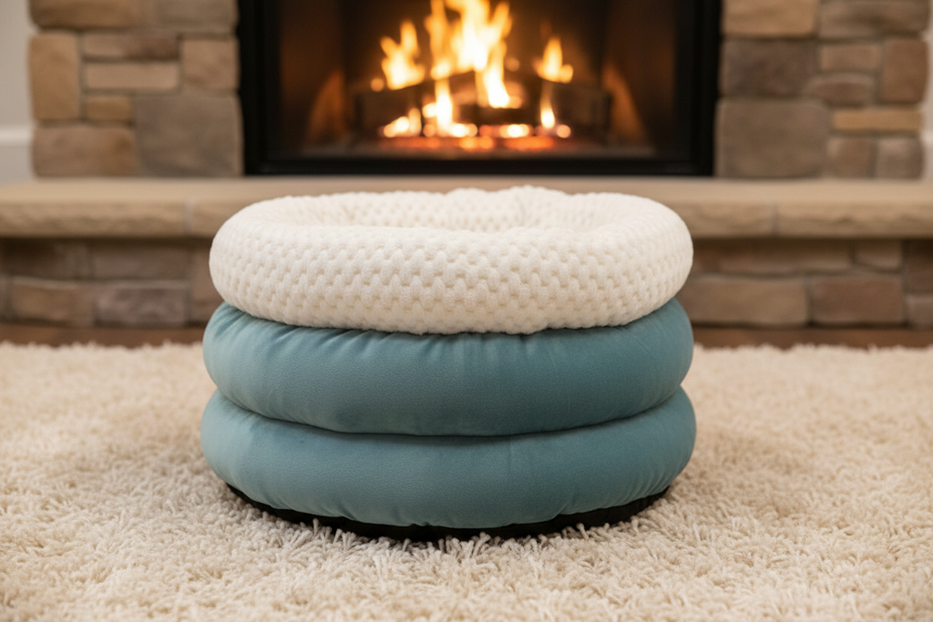 Teal Pet Bed by Fireplace