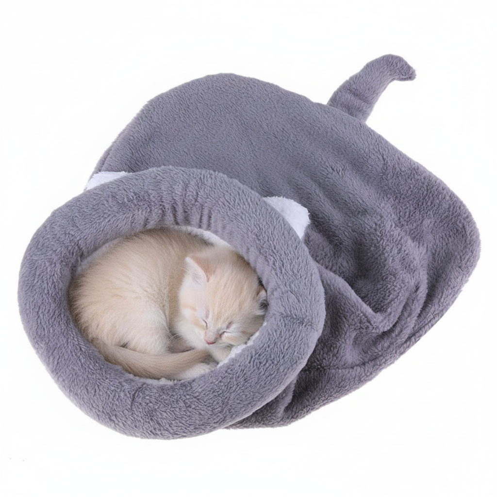 Tiny kitten inside grey cat-shaped pet bed