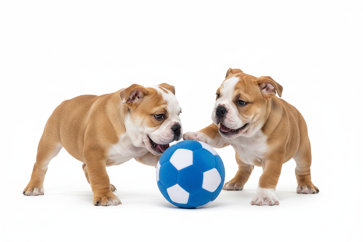 Two Bulldog Puppies Playing with Plush Soccer Ball