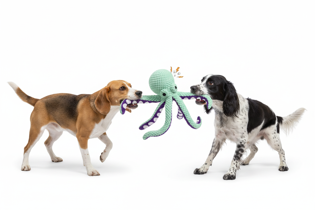 Two Dogs Tugging Octopus Plush Toy