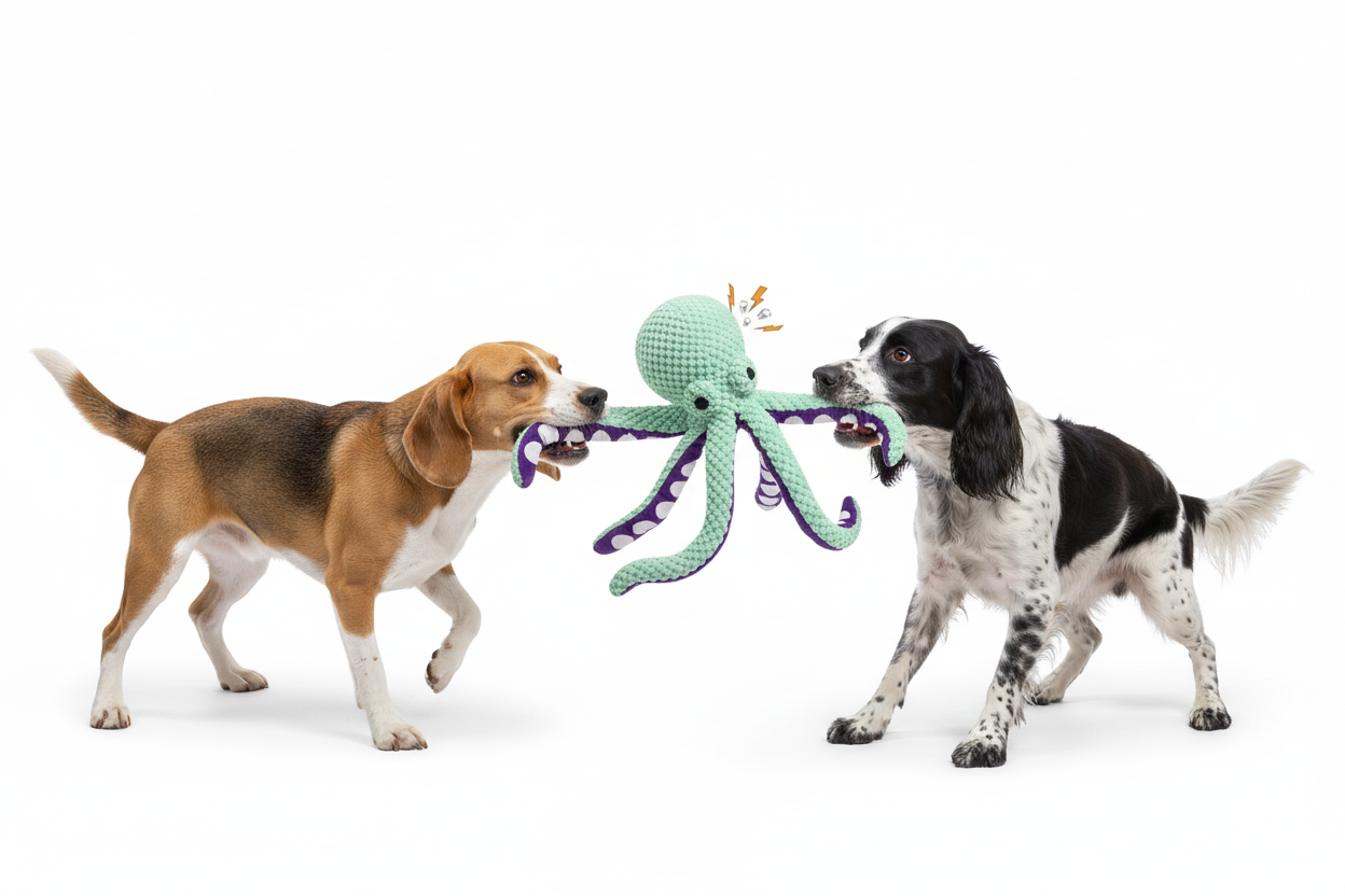 Two Dogs Tugging Octopus Plush Toy