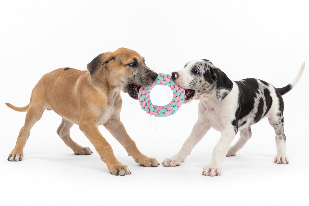 Two Great Dane Puppies with Braided Ring Toy