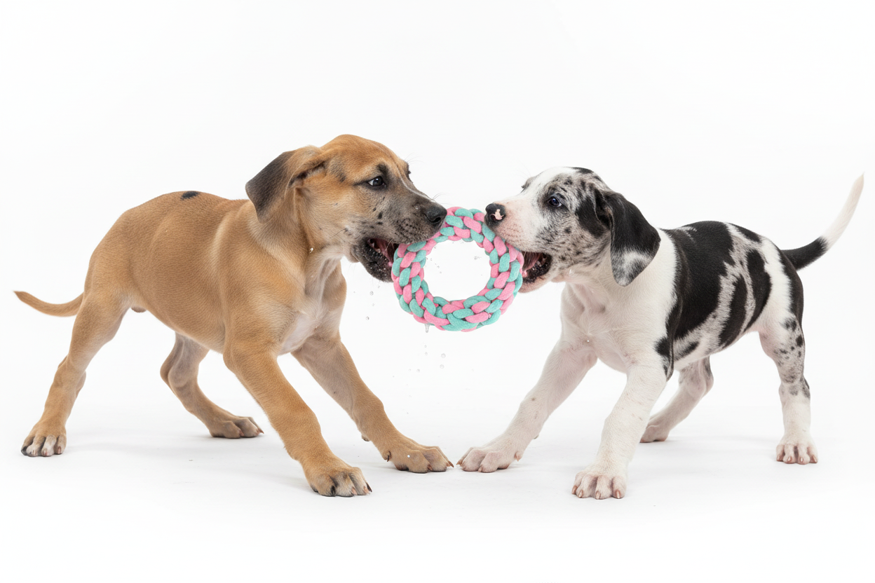 Two Great Dane Puppies with Braided Ring Toy
