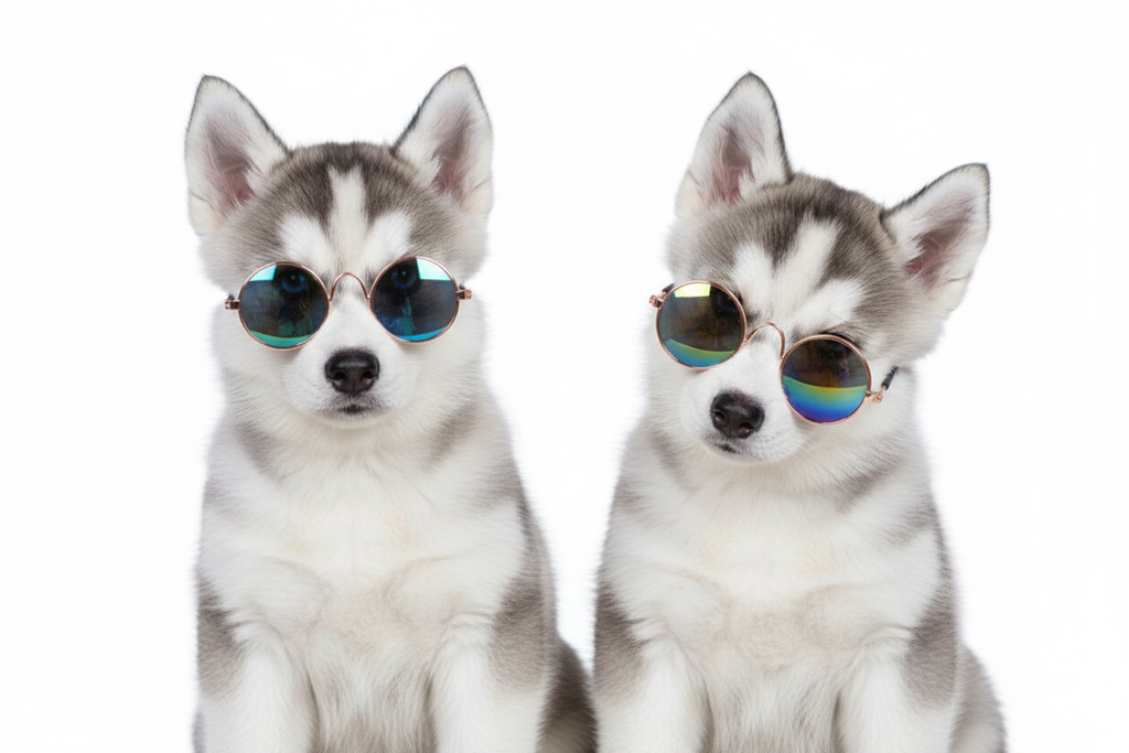 Two Husky Puppies Wearing Rainbow Mirror Sunglasses