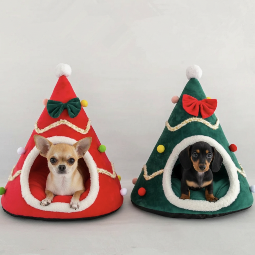 Two Small Dogs Inside Christmas Tree Pet Beds