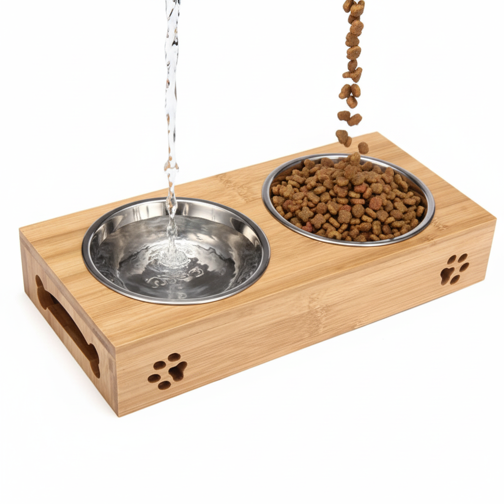 Water and food being poured into bamboo double bowl feeder