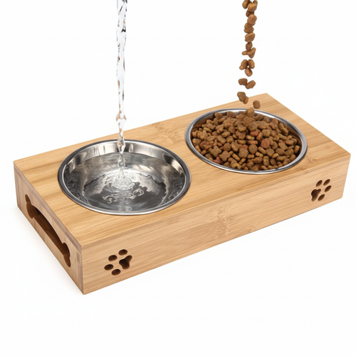 Water and food being poured into bamboo double bowl feeder