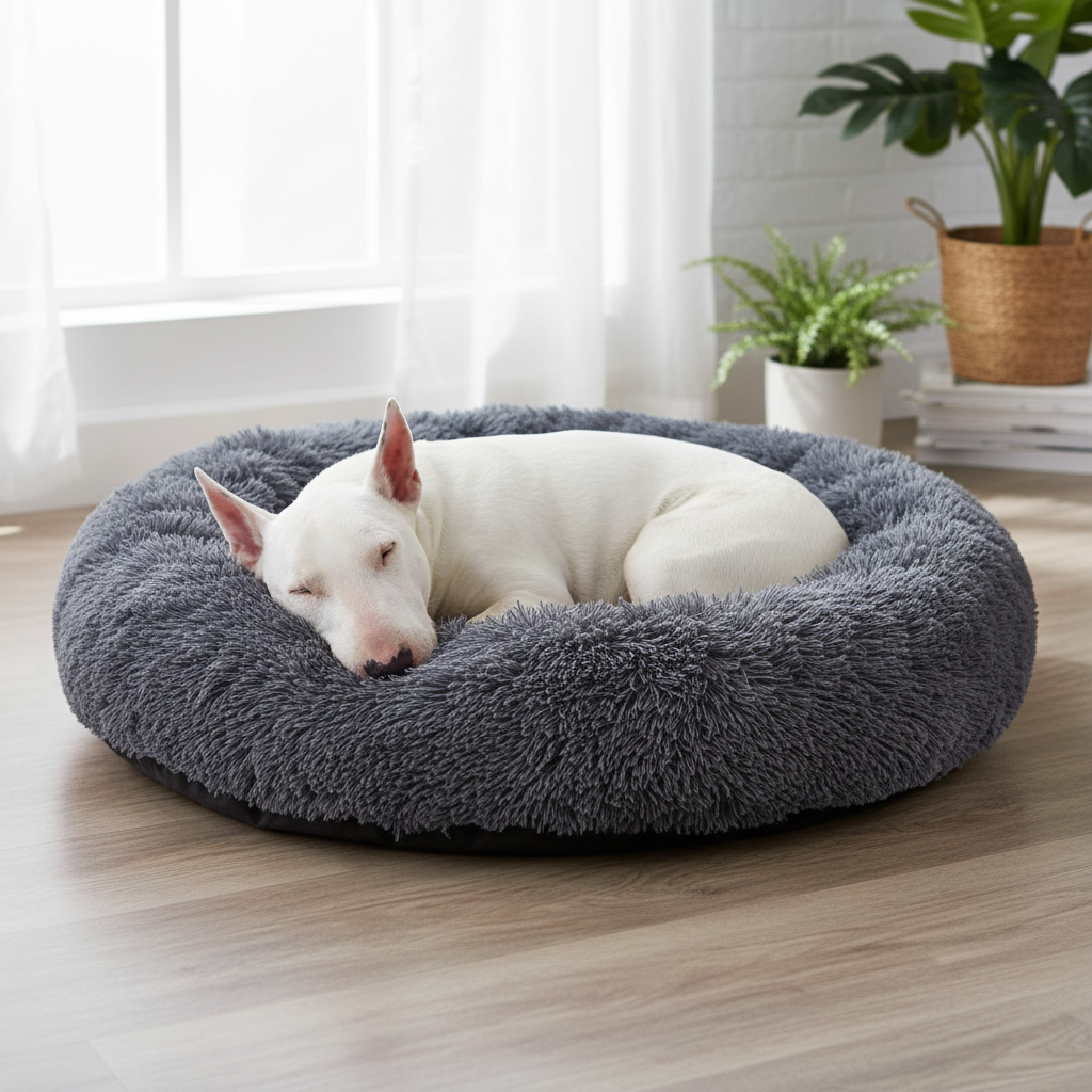 White dog curled up in grey bed