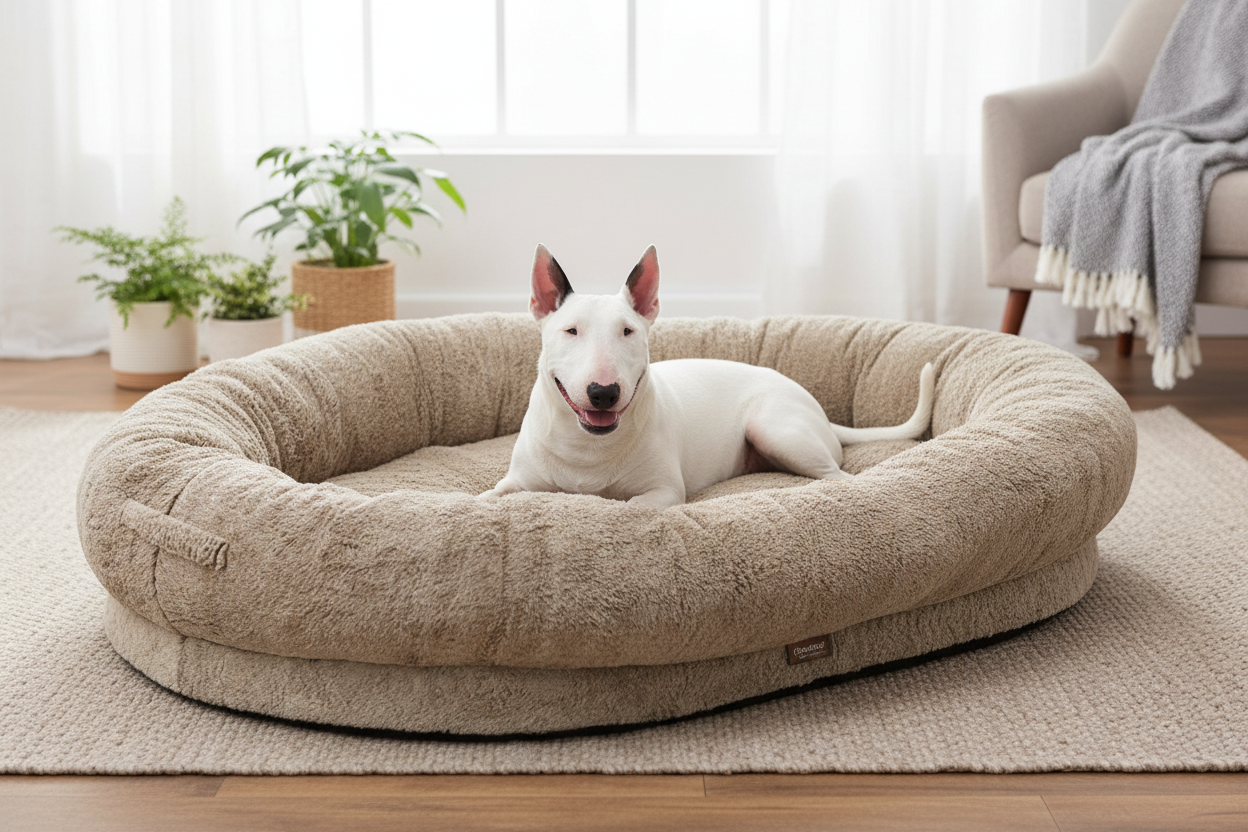 White dog on giant dog bed