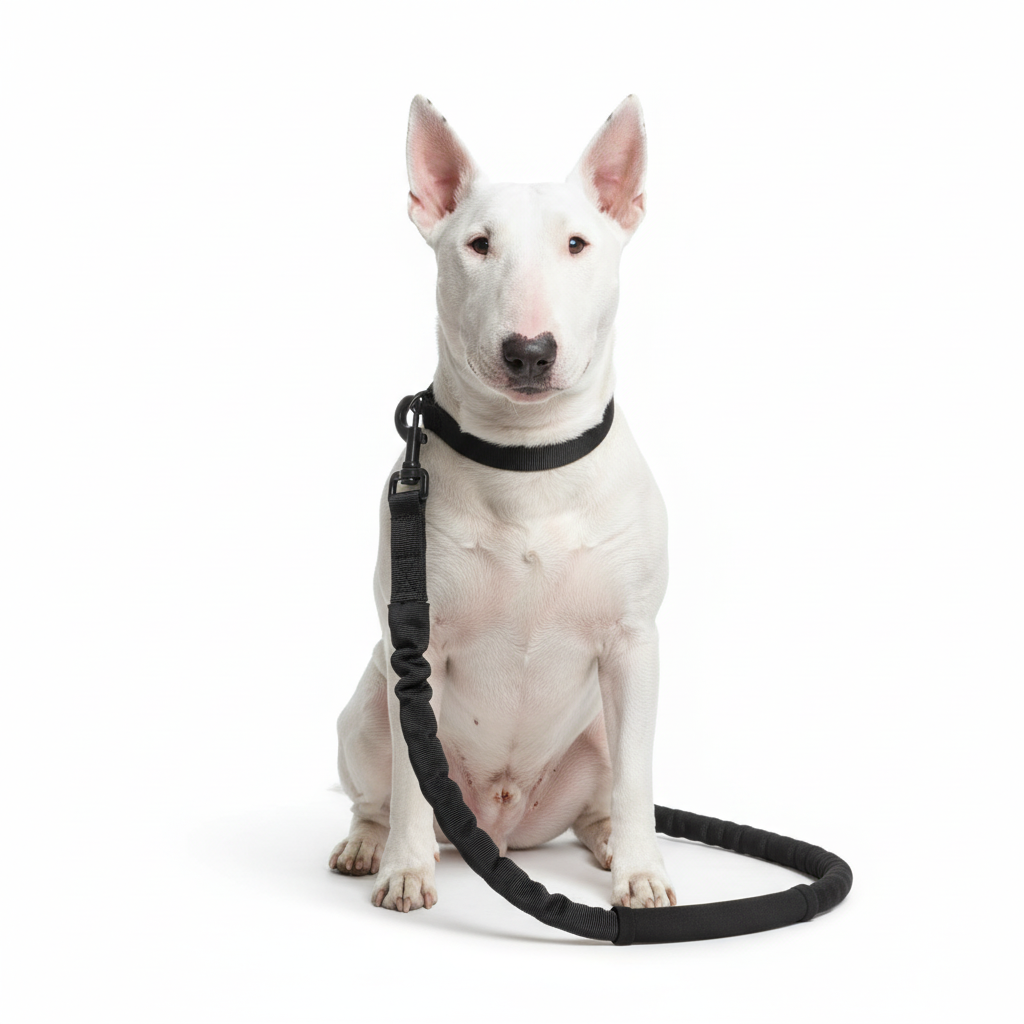White dog with black tactical leash