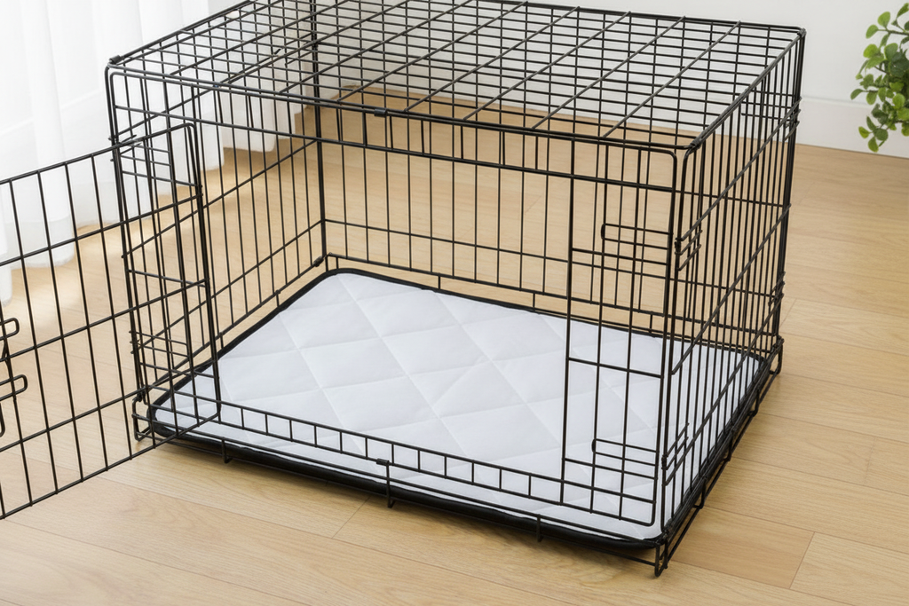 White Quilted Pet Mat Inside Dog Crate
