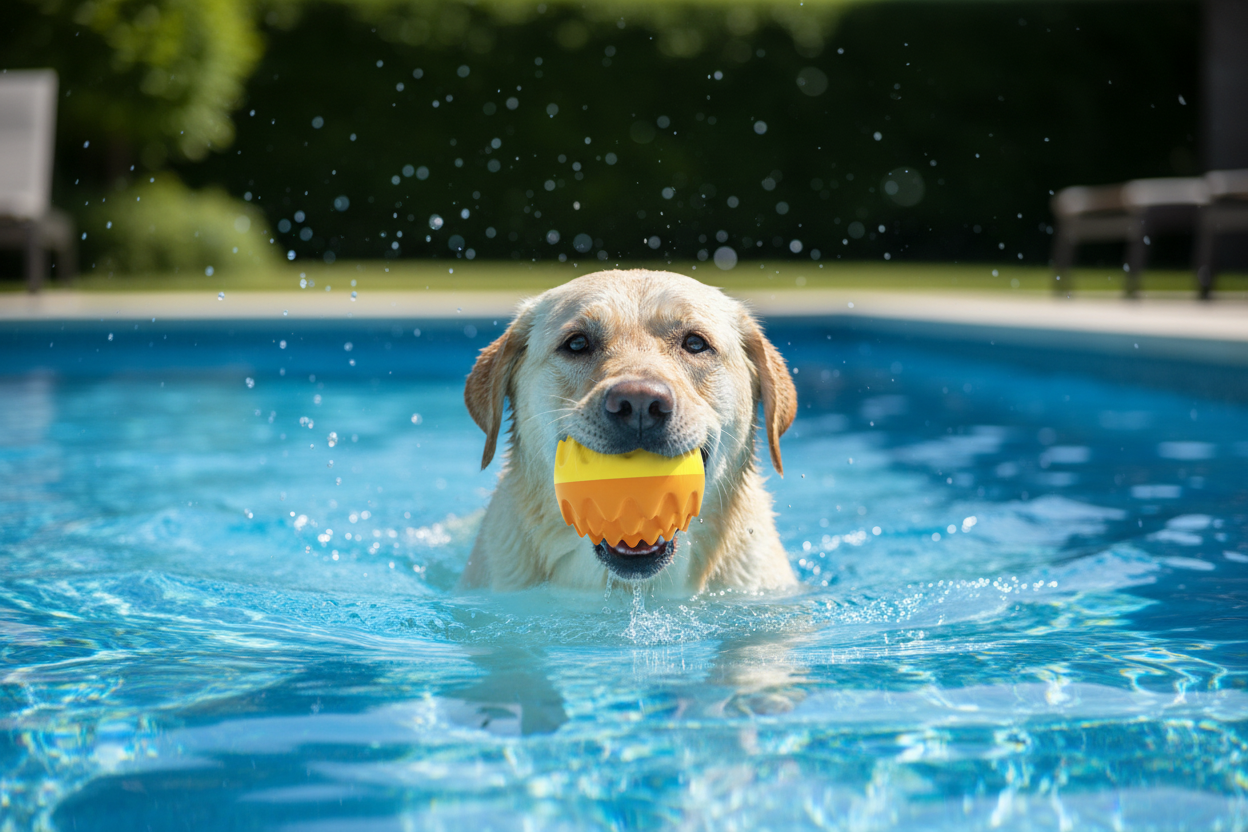 Yellow Lab in Pool with Chew Ball