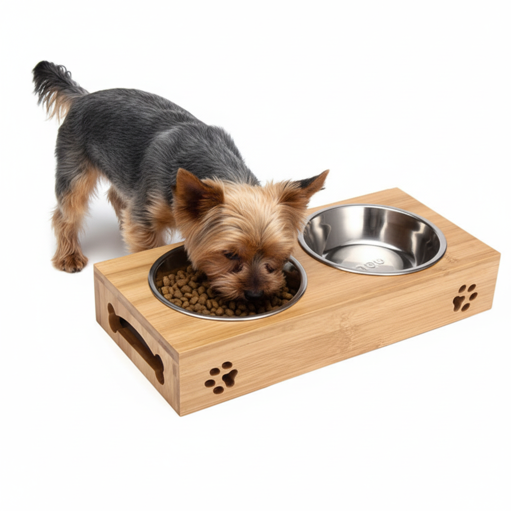 Yorkie eating from bamboo double bowl feeder