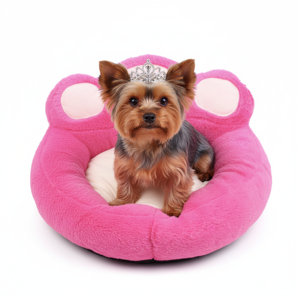 Yorkie in Pink Paw Bed