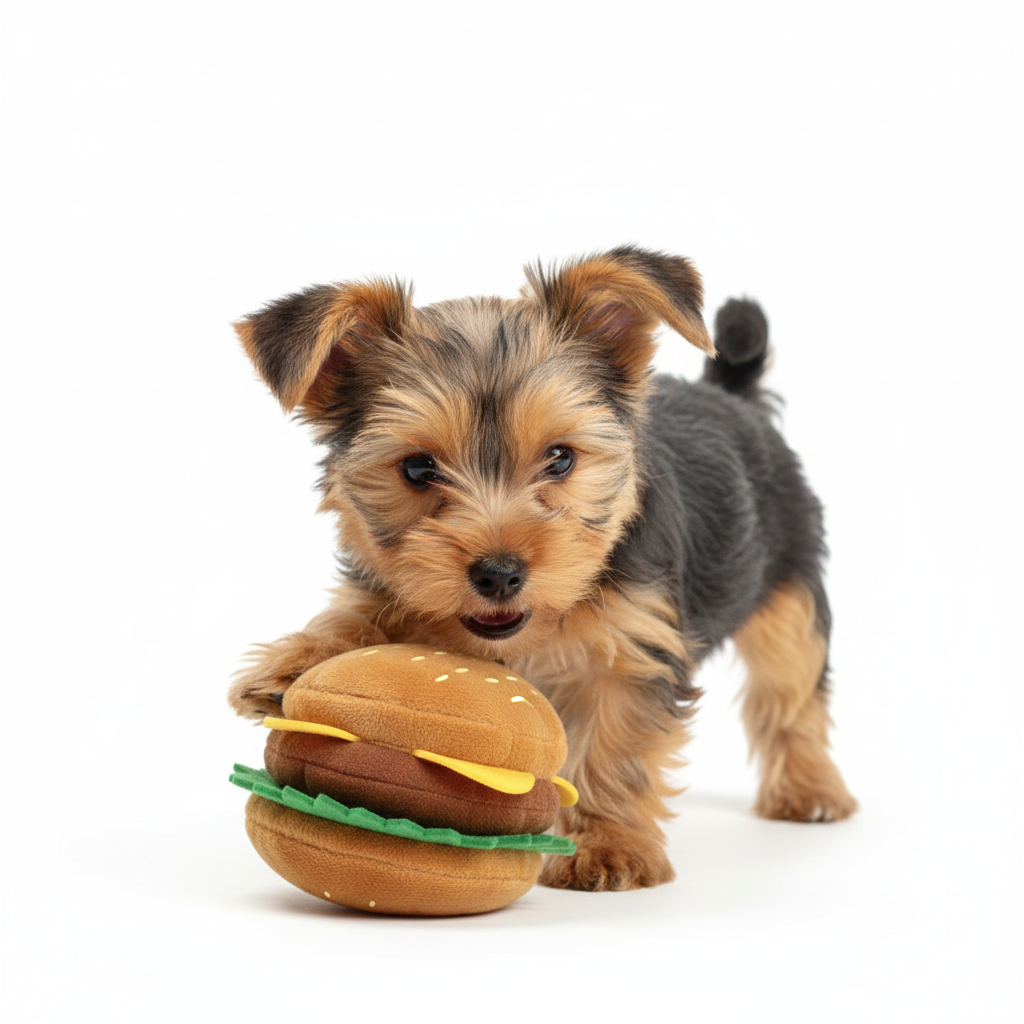 Yorkie Playing with Plush Cheeseburger Toy