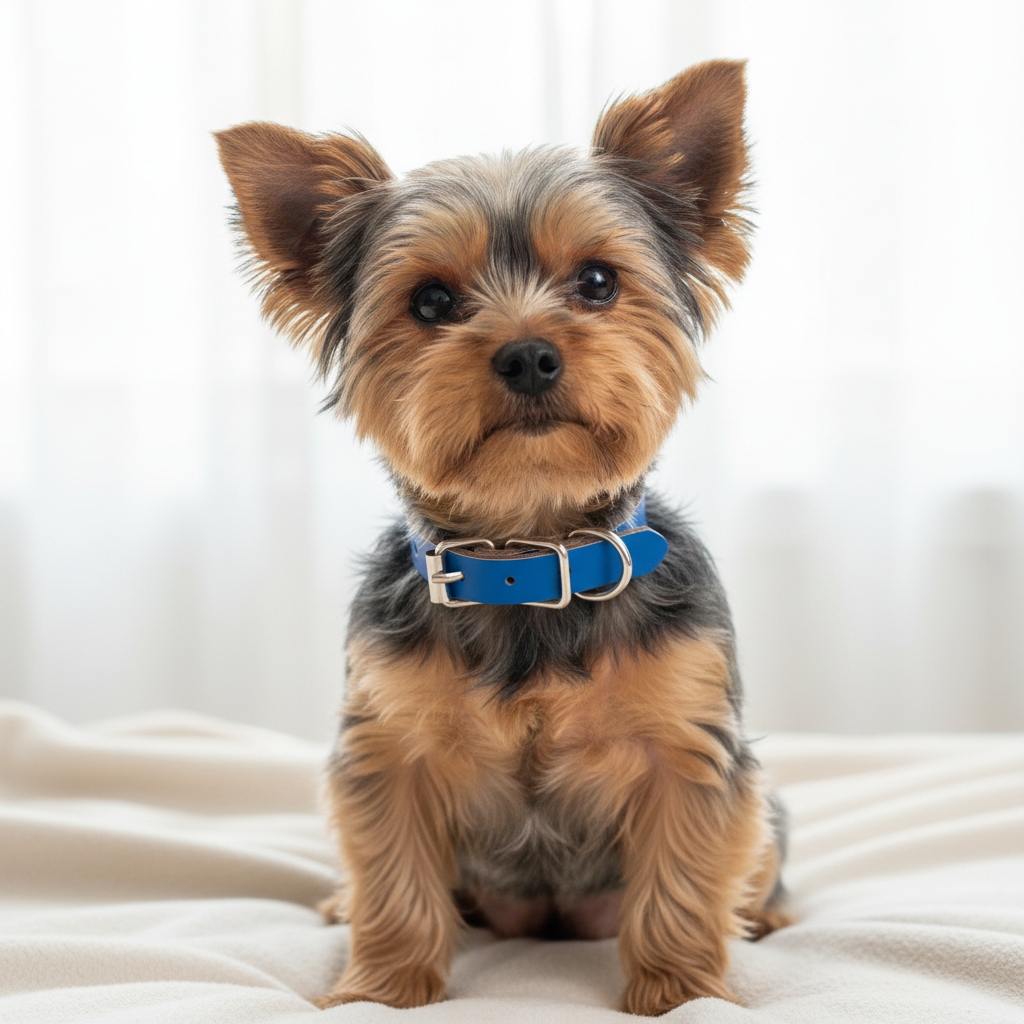 Yorkie wearing blue leather collar