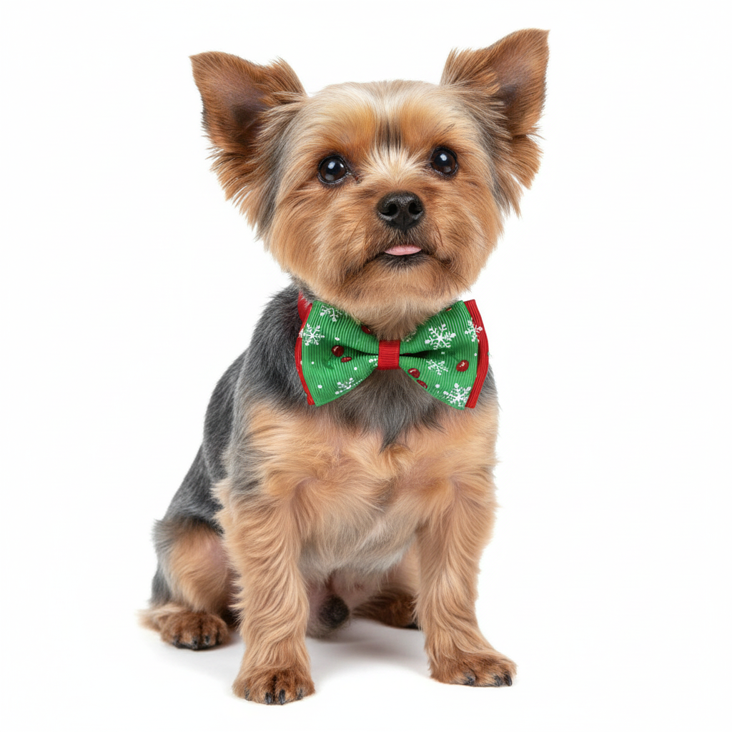 Yorkie Wearing Christmas Bow Tie