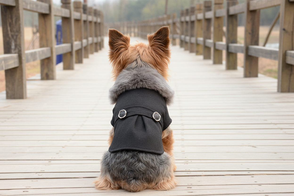 Yorkie Wearing Dog Coat on Boardwalk