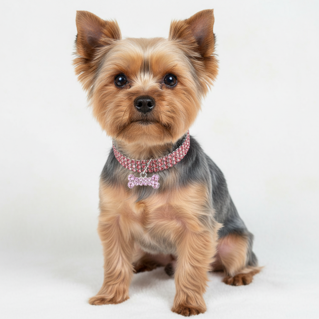 Yorkie Wearing Pink Rhinestone Collar