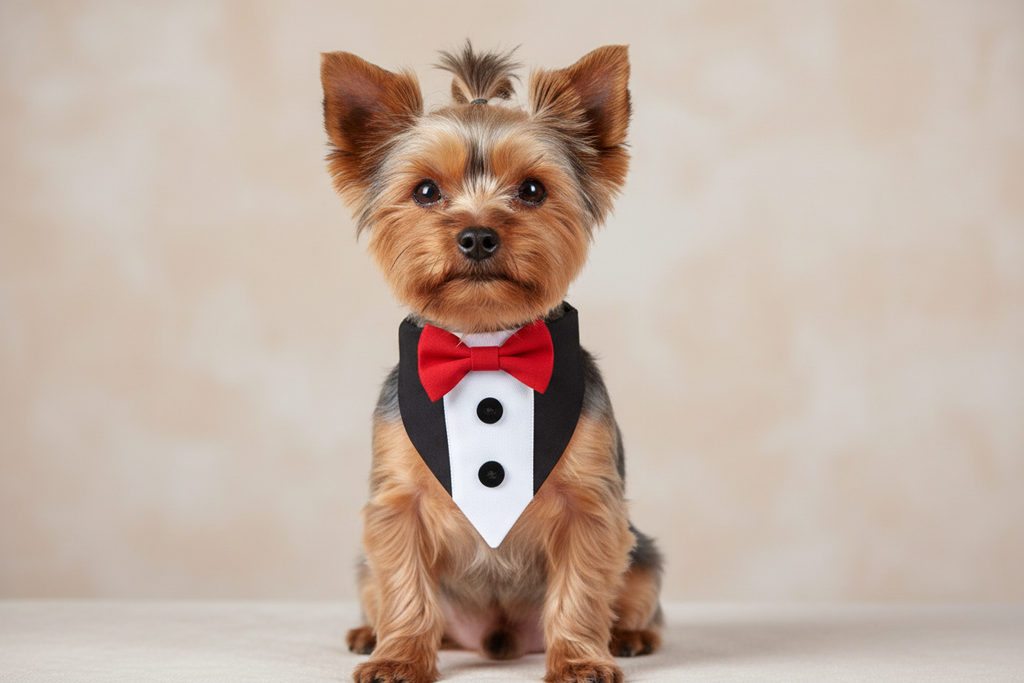 Yorkie wearing tuxedo bandana collar