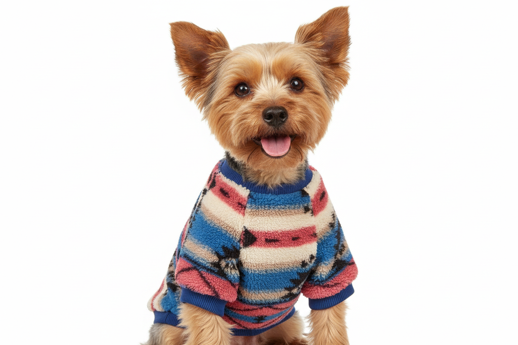 Yorkshire Terrier in ethnic plush sweater