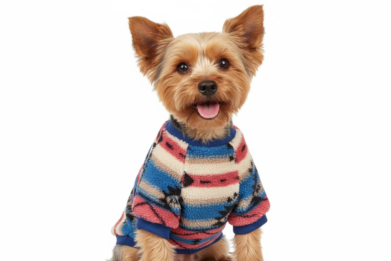 Yorkshire Terrier in ethnic plush sweater