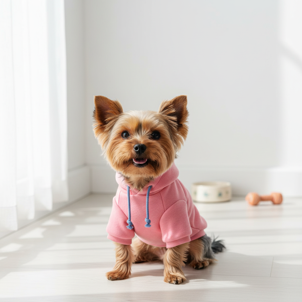 Yorkshire Terrier in Pink Hoodie